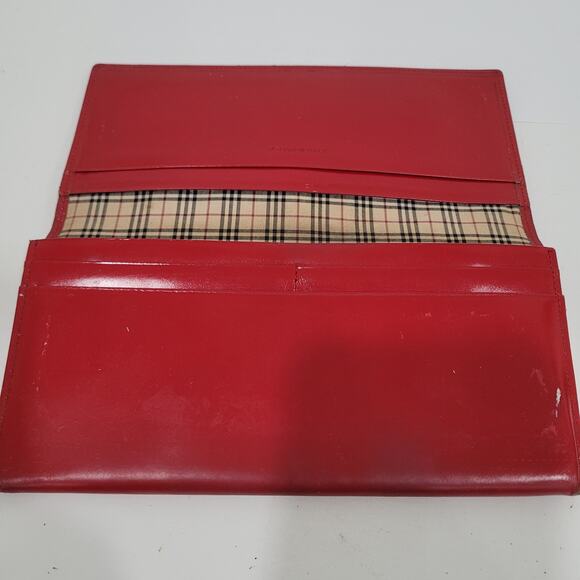 Burberry Leather Wallet Red Clutch Logo Large Nova Designer Vintage Folding Fair - Picture 3 of 13